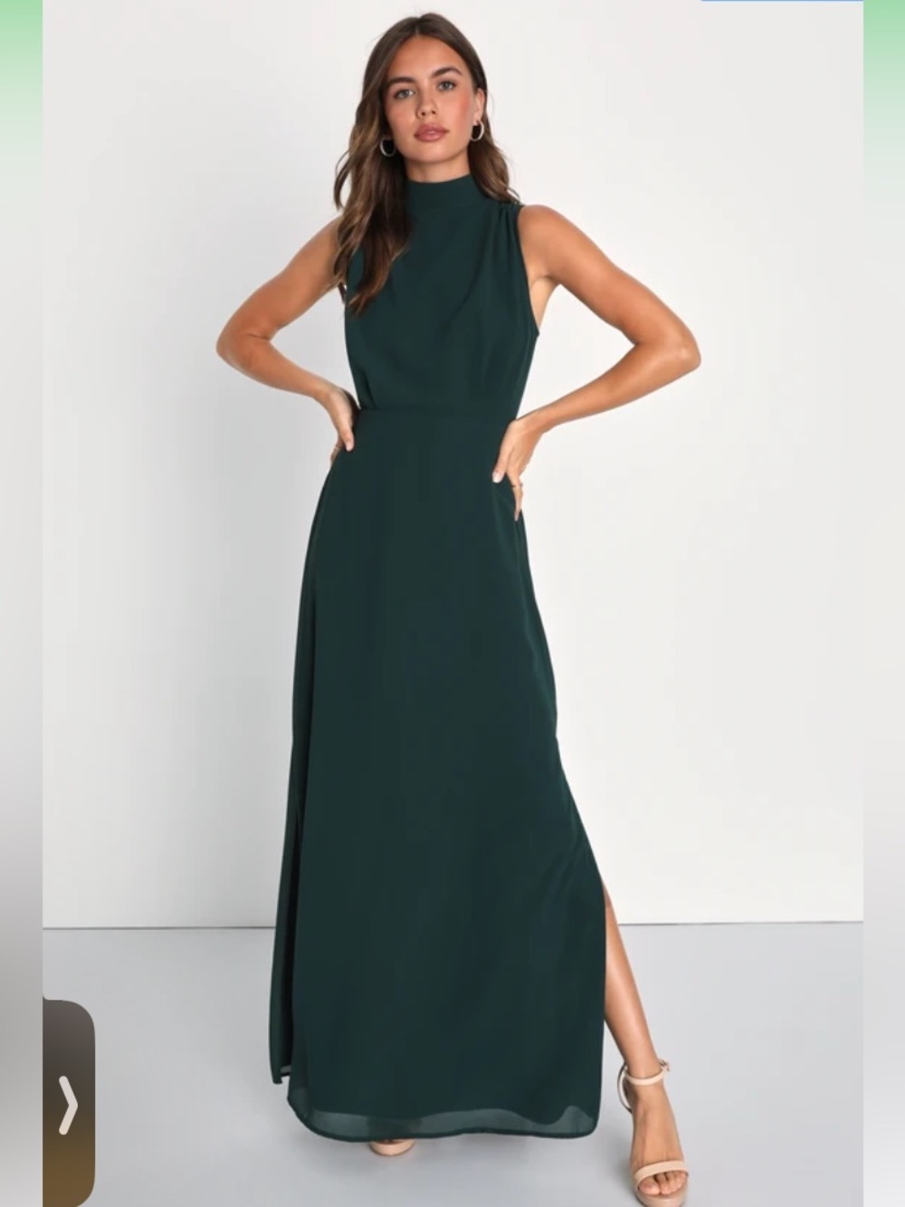 NWT Lulus Classic Elegance Emerald Chiffon Sleeveless Mock Neck Maxi Dress